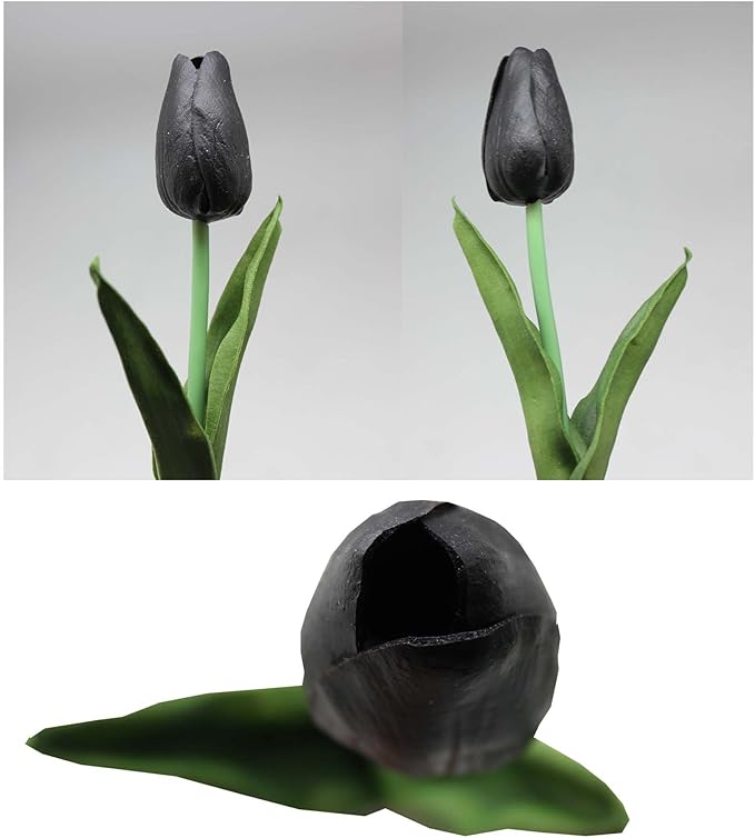 Artificial Flowers 10 Heads Mini Real Touch Artificial Tulip for Home Wedding Party Centerpiece Decoration (Black)
