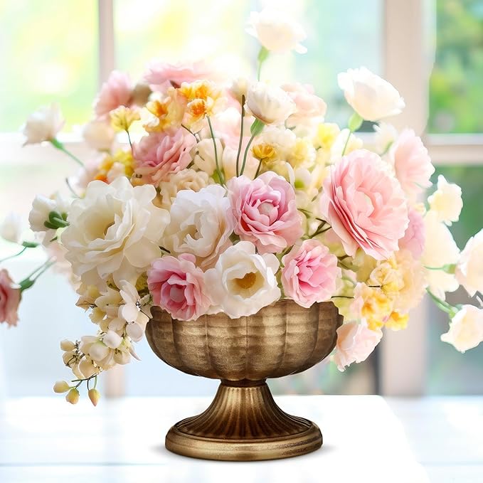 Distressed Gold Metal Compote Bowl Compote Vase Centerpieces for Table Pedestal Vase for Wedding Birthday Party Anniversary Indoor Outdoor Activity, 8" Diameter (Vintage Gold,10 Pcs)