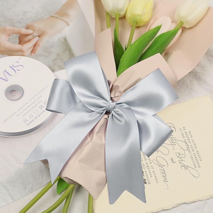 Silver Gray Satin Ribbon, Double Faced 2 Inch X 25 Yards Silver Gray Ribbon, Premium Satin Ribbon for Gift Wrapping, Crafts, Hair Bow Making, Sewing, Flower Bouquet, Wedding Party Decor