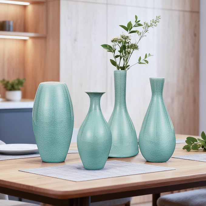 Ceramic Vase Set of 4, Elegant Azure Color Vase for Rustic Modern Home Decor, Crackled Ice Patterns Glaze Decorative Vases for Living Room, Kitchen,Table,Shelf,Office,Housewarming,Gift