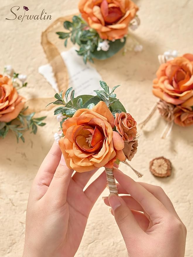 Serwalin 6PCS Orange Rose Boutonniere for Men Wedding Groom Groomsmen Best Man Boutonniere for Wedding Ceremony Anniversary Prom Flowers Formal Dinner Party, Orange