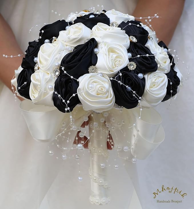 Bridal Wedding Bouquet Round Bling Brooch Bouquet Throw Toss Artificial Rose Flower Bunch for Bride Bridesmaid Wedding Quinceanera(Black & Ivory, 6.3")