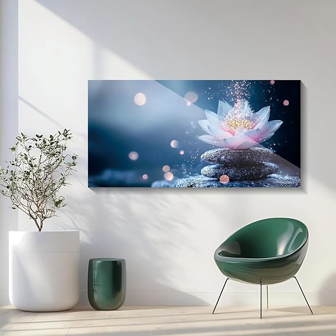 Iallbin Zen Stone Wall Art & Zen Wall Decor, Single Luminous Lotus Flowe Spiritually Uplifting Quality -for Yoga Meditation Room, Spa & Bathroom, Lavender-Pink Art Deco Style, Ready to Hang, 58x29 Inches