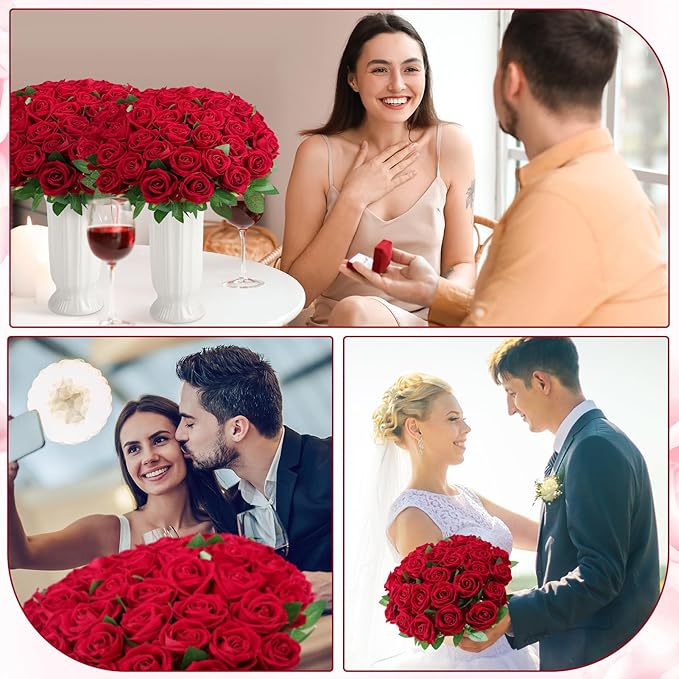 80 Pcs Roses Artificial Flowers, Silk Crimson Burgundy Artificial Flowers Petals Long Stem Roses for Wedding Bouquet Home Party Decor