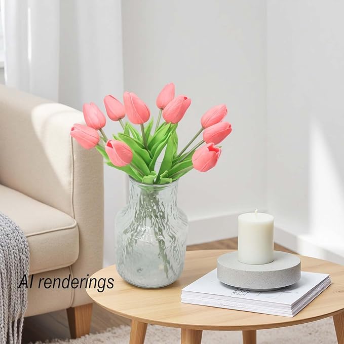 10-Heads Artificial Flowers PU Mini Real Touch Tulip Bouquets for Home Wedding Party Centerpiece Decoration (Gradient Coral)