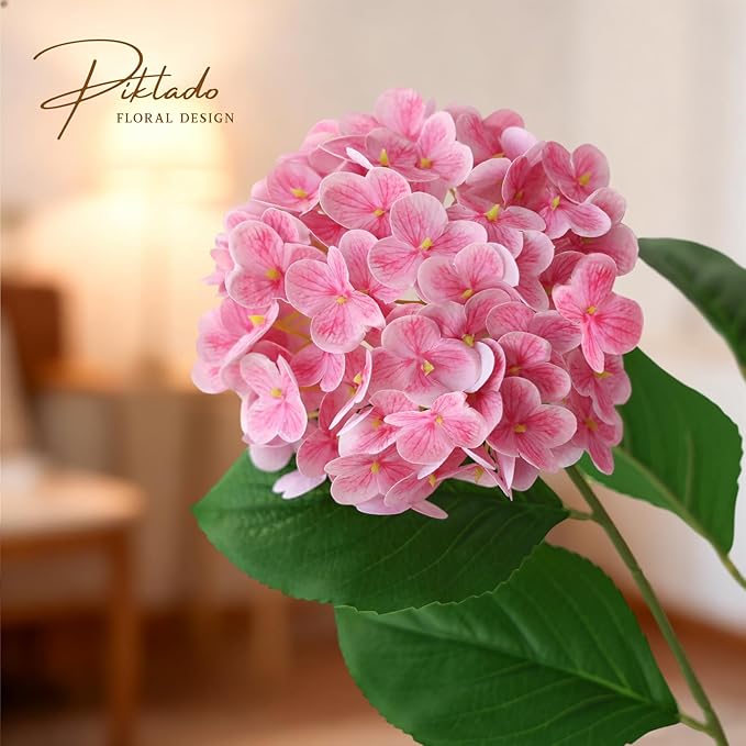 A Bunch 21in, Real Touch Hydrangea Artificial Flowers，,with 5pcs Flower Head 10pcs Leaves, Faux Hydrangea Flowers for Home Office Decor Wedding Party Arrangements (1, Pink)