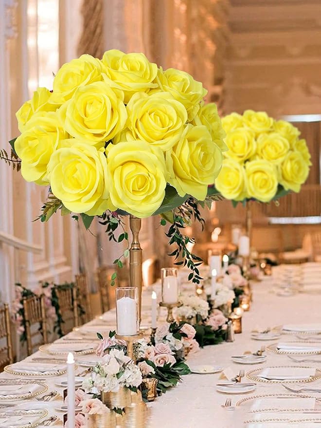 DuHouse 10pcs Silk Roses Artificial Flowers Fake Rose for Arrangement Wedding Party Home Decoration(Lemon)