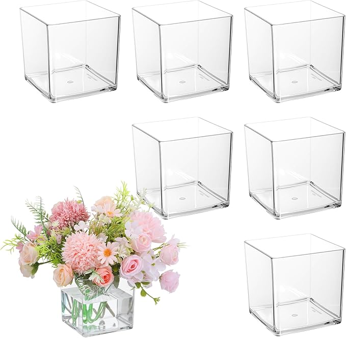 6 Pcs Square Acrylic Vase 4" x 4" Plastic Flower Acrylic Vases for Centerpieces Plastic Vase Cube Bulk Succulent Pots Planter Clear Square Vases for Centerpieces Plant Wedding Home Office Floral Decor