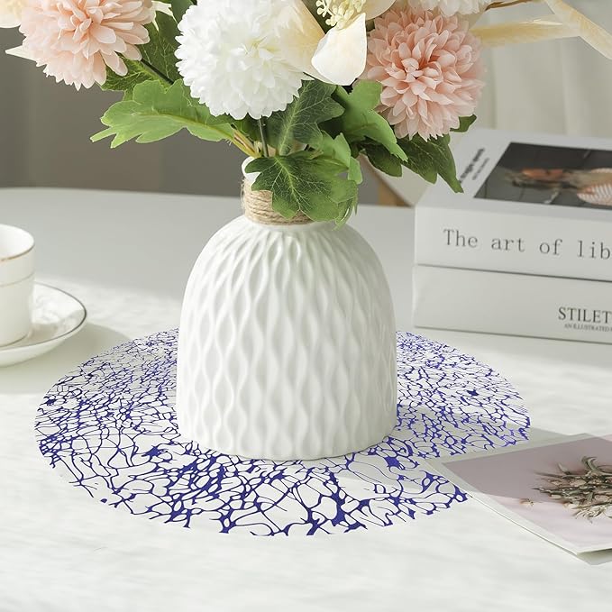 Hysenm 50 Pcs Disposable Blue Placemats Set Metallic 13 Inch Round Table Doilies, Ultra-Thin Messy Lines Disposable Placement Mats for Home Decoration Dining Table Wedding Birthday Party