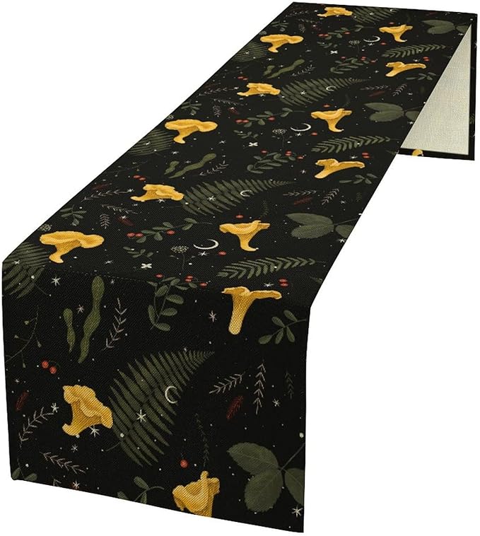 Magical Forest Table Runner, Rustic Country Wild Yellow Mushrooms Plants Botanical Herbs Print Table Runner for Holiday Farmhouse Kitchen Dining Table Decor, 13x36inch