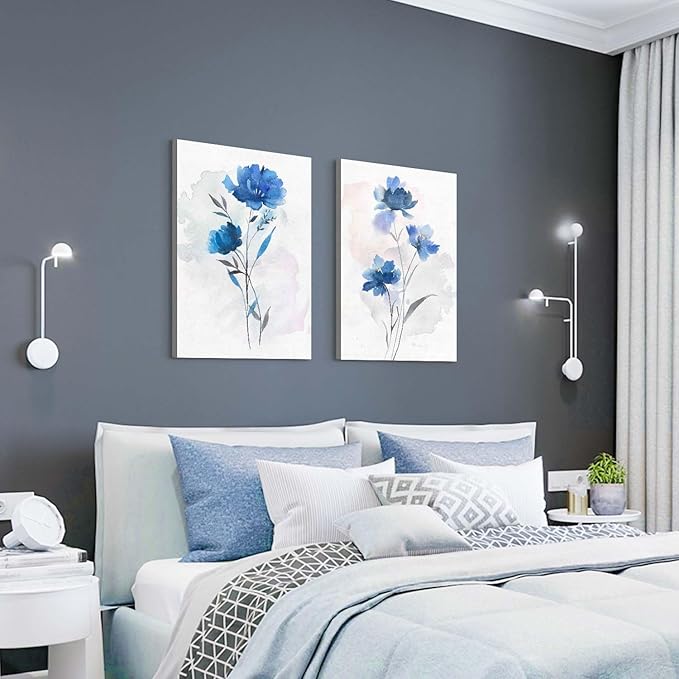 Bedroom Flower Canvas Wall Art: 2 Pieces Navy Blue Floral Prints Artwork Vintage Wildflower Bouquet Botanical Abstract Picture Painting for Living Room Bathroom Home Office