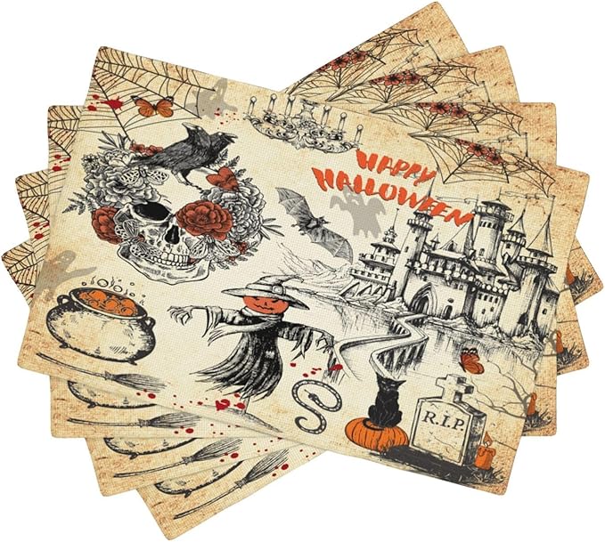 Halloween Placemats Vintage Rustic Farmhouse Gothic Dark Castle Halloween Witch Pumpkin Black Cat Raven Skull Moths Placemats Table Kitchen Dining Party 12x18 Inch Set of 6