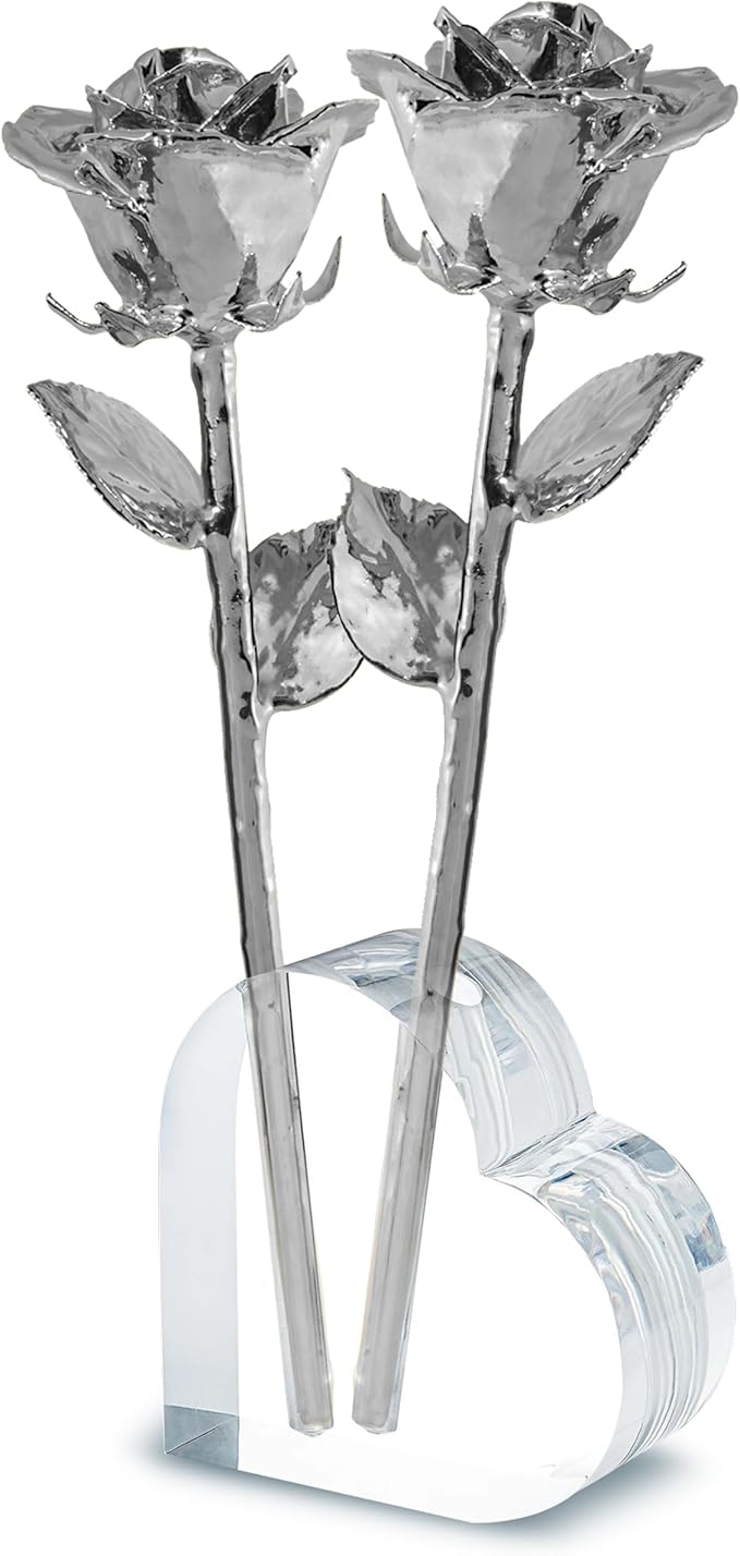 Forever Rose Two Real Roses Dipped in Platinum, Handcrafted Preserved Roses in Acrylic Heart Vase and Luxury Gold Gift Box, Romantic Gift for Her, Elegant Gift for Any Special Occasion