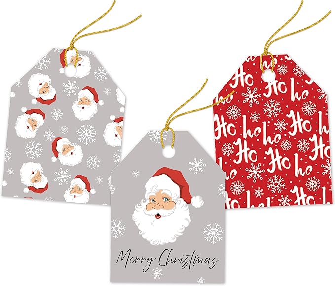 Pro Supply Global 24 Count of 2.5 Inch x 3 Inch Pre Strung Christmas Santas Gift Tag Assorted Printed Designs on Large Cardstock Gift Hang Tags - Ideal to Use on Bags