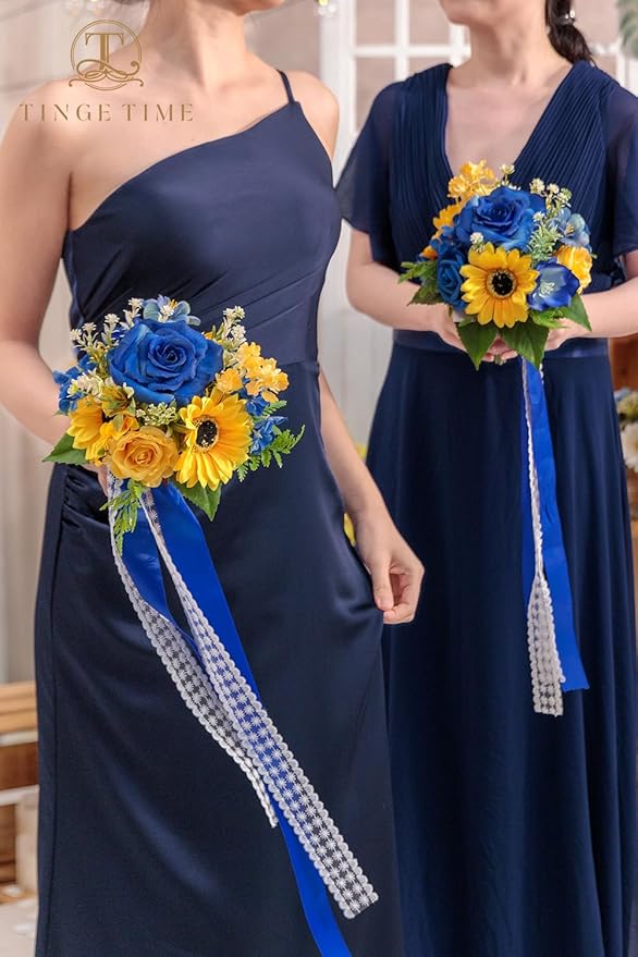 TINGE TIME Bridesmaid Bouquets for Wedding Set of 4 Sunflower & Royal Blue 7 Inch Wedding Bouquets Artificial Silk Flowers Bridal Bouquets for Bridesmaids, Wedding Decor, Anniversary