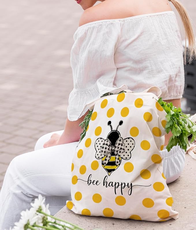 Bee Happy Canvas Tote Bag, Inspirational Bee Gifts for Women Bee Lovers, Summer Bee Tote Bag for Women, Reusable Grocery Bags Shopping Bags, White, 140GA-TTBA-sunmerbee