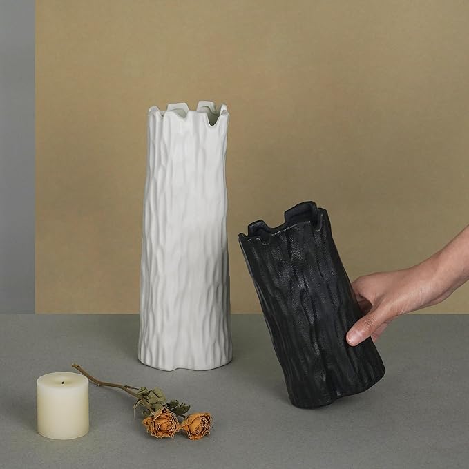 10.7 Inch White Ceramic Vase, Organic Nature Shape, OOSTONEE Boho Nordic Modern Style White Flower Vase, Shelf, Home, Living Room, Coffee Table Centerpiece, Ceramic vases for Home Decor