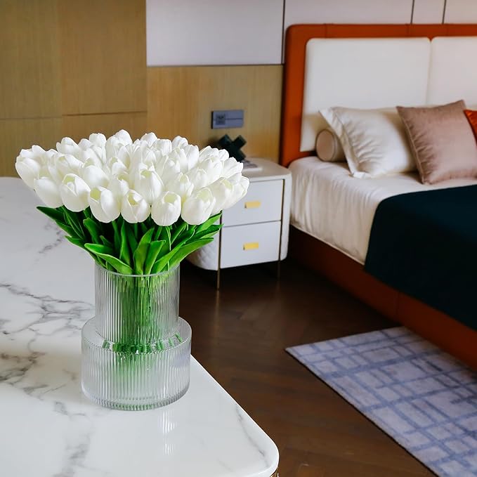 36 PCS White Tulips Artificial Flowers 13" PU Fake Flowers for Wedding Home Decor(White)