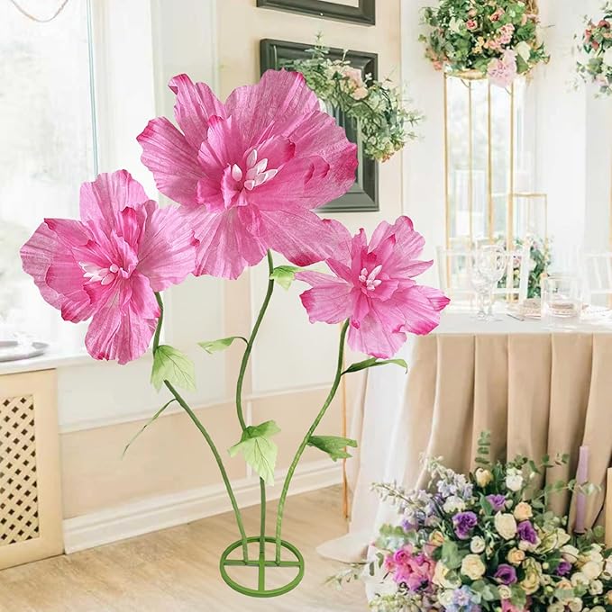 Large Artificial Paper Flowers Decoration, Giant Fake Flower with Standing Base and Stems Big Wedding Reception Background Party Banquet Decor Shop Window Display Photography Props, Dark Pink