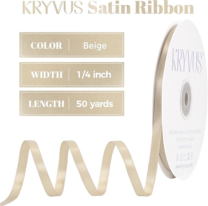 Beige Satin Ribbon, Double Faced 1/4 Inch X 50 Yards Beige Ribbon, Premium Satin Ribbon for Gift Wrapping, Crafts, Hair Bow Making, Sewing, Flower Bouquet, Wedding Party Decor