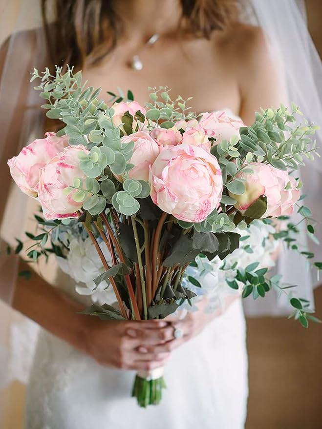 Pink Peonies Artificial Flowers 2 Bouquets Vintage Peonies 18pcs Pink Peonies with Single Long Stems Silk Flowers for Wedding Decoration Bride Bouquet Flowers Crafts Floral Arrangement (Pink)