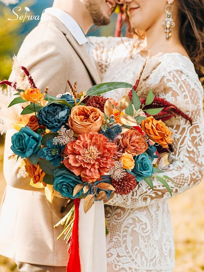Serwalin Artificial Flowers, Teal Burnt Orange Silk Floral Centerpieces, Fake Flowers Bouquets Box Set for Wedding Bridal Baby Shower Party DIY Craft Home Cake Decoration