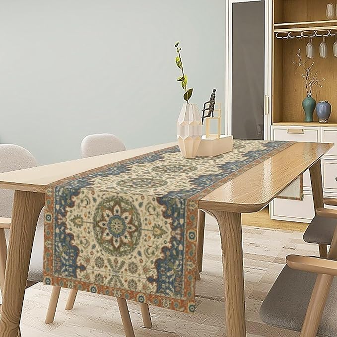 Boho Bohemian Table Tunner, Vintage Neutral Traditional Mandala Floral Blue Beige Medallion Table Runner for Kitchen Dining Outdoor Indoor Home Decor, 13x120 Inch