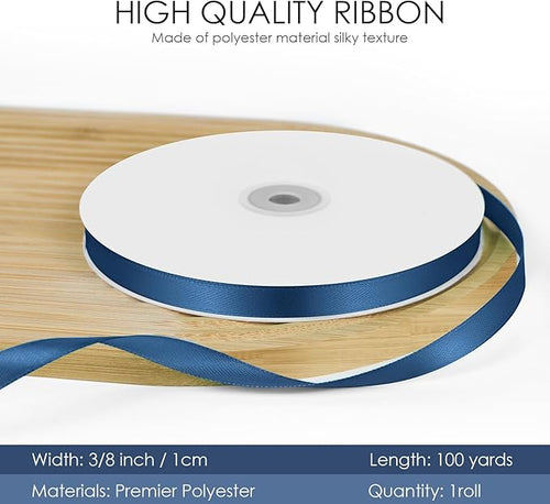 100 Yards 3/8 inch Satin Ribbon, Fabric Ribbon Solid Color Perfect for Gift Wrapping, Wedding, Handmade Bows, Floral Bouquets and Party Decoration(Dark Blue)