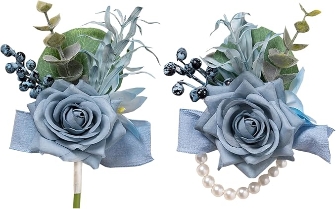 Meldel Dusty Blue Corsage and Boutonniere Set, Rose Boutonniere for Men, Prom Flower Wrist Corsage Bracelets, Homecoming Corsages Wristlet, Men Boutonnieres for Wedding Flowers Accessories Prom Suit