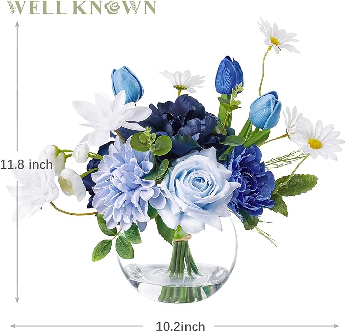 WELL KNOWN Artificial Flowers with Vase Silk Flower Arrangements in Round Bowl Vase with Faux Water for Home Table Decoration (Mixed Blue)