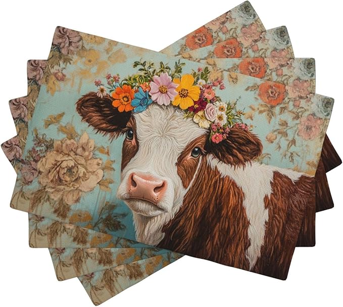 Farmhouse Cow Placemats Set of 4 Washable Table Mats Spring Cow Floral Heat-Resistant Cotton Linen Place Mats for Dining Table Kitchen Indoor Outdoor Party Holiday Decor