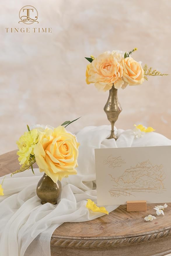 TINGE TIME Artificial Flowers Combo Mix Silk Flowers Yellow Roses w/stem for DIY Wedding Bridal Bouquets Baby Shower Floral Arrangement Table Centerpieces Home Decorations (Yellow & Champange)