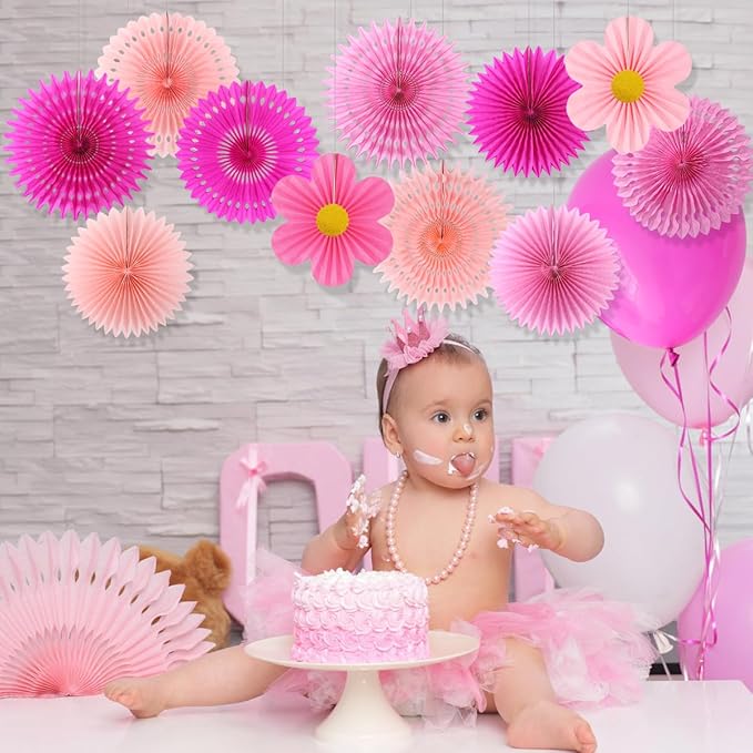 zilue Paper Fans Party Decorations Paper Flowers Decorations for Wall Classroom Floral Backdrop Baby Shower Birthday Party Flower Wall Decor Pack of 11 Pink