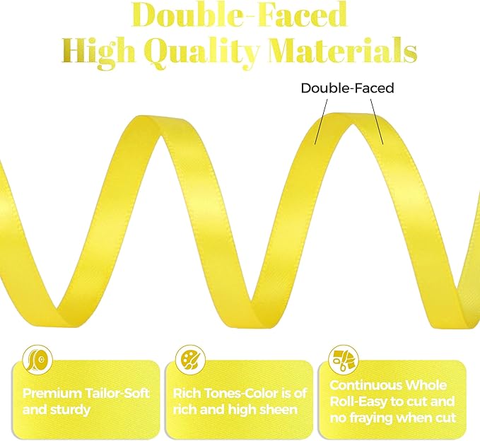 Lemon Yellow Satin Ribbon, Double Faced 1/4 Inch X 25 Yards Lemon Yellow Ribbon, Premium Satin Ribbon for Gift Wrapping, Crafts, Hair Bow Making, Sewing, Flower Bouquet, Wedding Party Decor