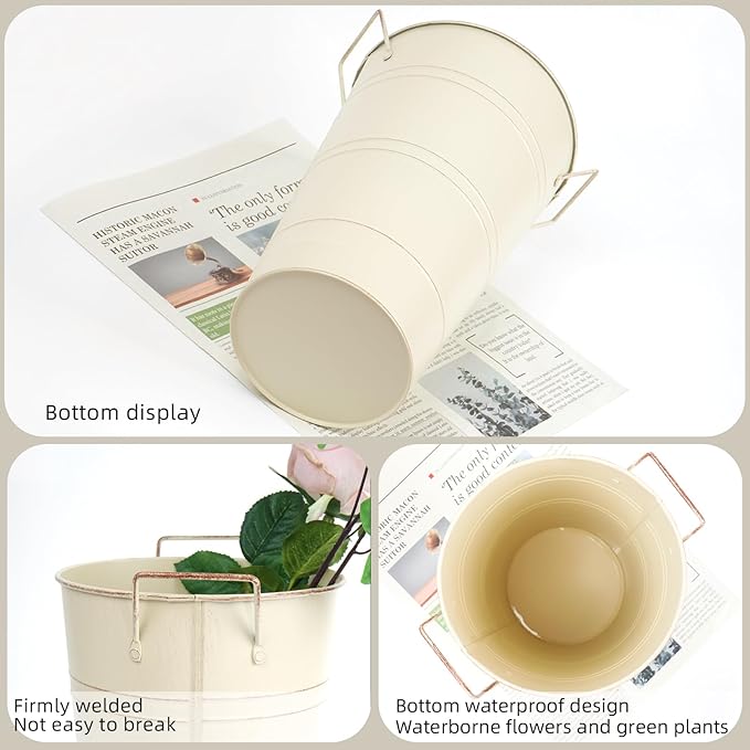 Notakia 12 Inch Large Galvanized Metal Vases Farmhouse French Flower Bucket Vases for Cut Flowers for Home Decor and Wedding Table Centerpiece Decorations (Large Beige 8Pcs)