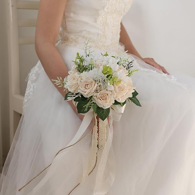 Wedding Bouquets Large for Bride Bridesmaid,White Champagne Artificial Roses Flowers for Wedding Church Decoration (9.5in)