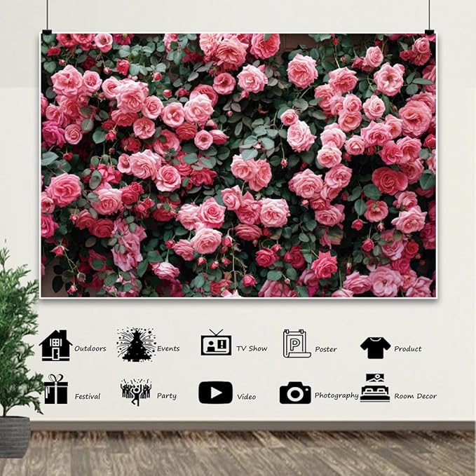 12x6ft Pink Flower Wall Backdrop Roses Floral Background Spring Tea Party Photography Banner for Wedding Birthday Bridal Shower Mother's Day Women's Day Valentine's Day Princess Portraits