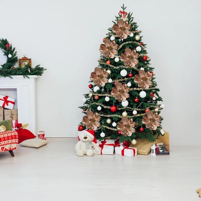 3 Pcs Artificial Flowers 10'' Christmas Decorations Festive Home Decor Elegant Holiday Floral Arrangements Perfect for Christmas Tree Table Centerpieces and Winter Weddings(Bronze)
