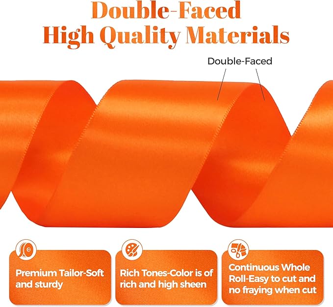 Orange Satin Ribbon, Double Faced 2 Inch X 25 Yards Orange Ribbon, Premium Satin Ribbon for Gift Wrapping, Crafts, Hair Bow Making, Sewing, Flower Bouquet, Wedding Party Decor