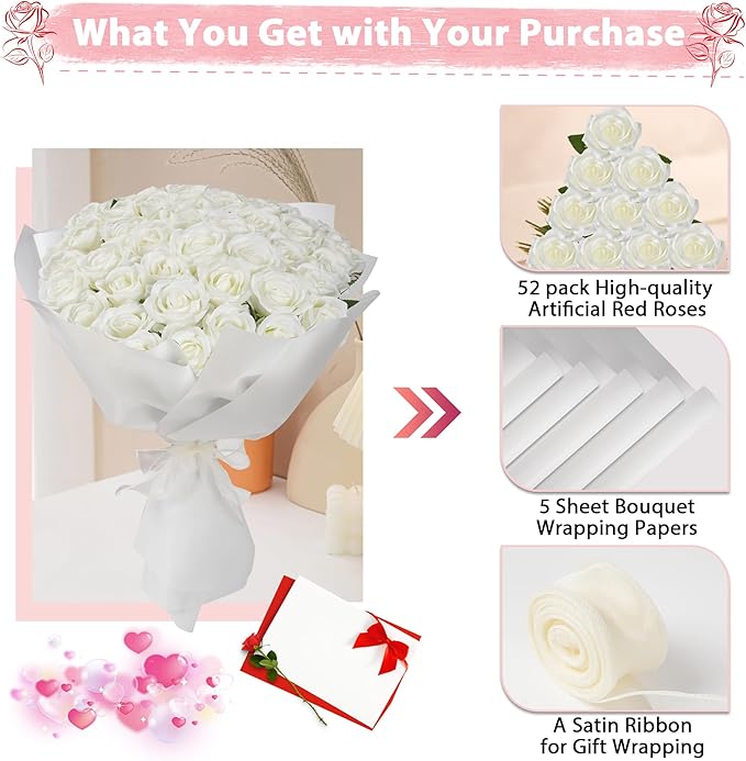 White Roses Artificial Flowers Bulk, 52Pcs Fake Roses White Flowers, DIY Silk Faux Roses Bouquet, Realistic White Faux Flowers Mohter's Day Valentine's Day Decor