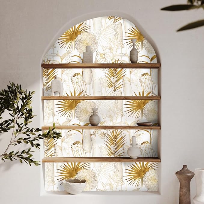 Gold/White Chrysanthemum Floral Peel and Stick Wallpaper - Tropical Palm Leaf Vintage Floral Contact Paper - Removable Wallpaper Vinyl Self Adhesive for Living Room Bedroom Shelf - 236.2"x17.71"