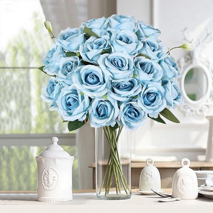 50PCS Artificial Roses with Long Stems - Realistic Silk Flowers, Fake Roses Real Touch Bouquet of Roses for Home Decor, Bridal Wedding Party Table Centerpieces, Bulk Faux Rose Flowers ( Sky Blue )