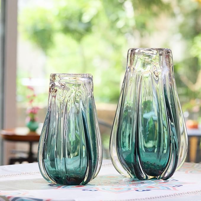 Luxury Lane Hand Blown Laine Sommerso Art Glass Vase for Home Decor 10 inch Tall Centerpiece Table Decoration