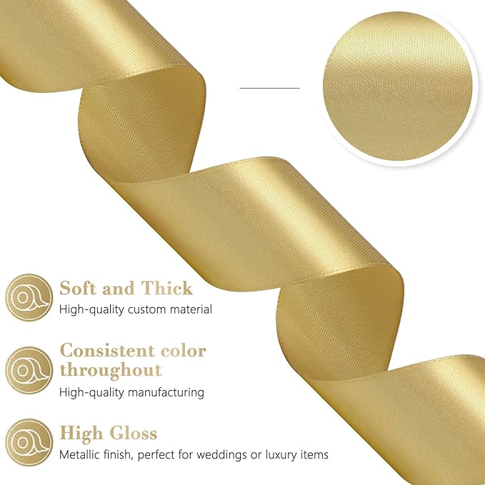 Champagne Gold Ribbon 1-1/2 Inch, 60 Yards Polyester Gold Satin Ribbon for Gift Wrapping, Fabric Ribbon for Flower Bouquet Crafts Wedding Christmas