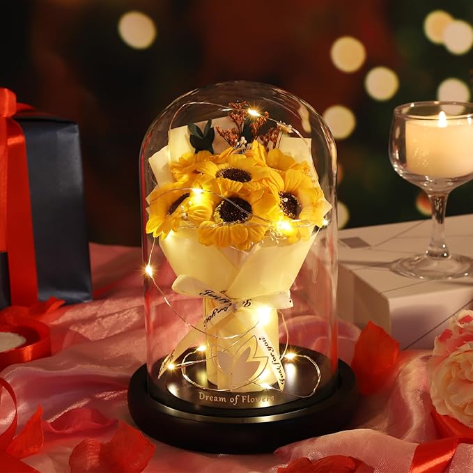 Christmas Sunflower Gifts for Mom-Preserved Artificial Rose Flower Gifts for Women Friends Sister Sunflower Gifts for Her,Light Up Rose in A Glass Dome-Thankgiving Xmas Birthday Valentines Anniversary