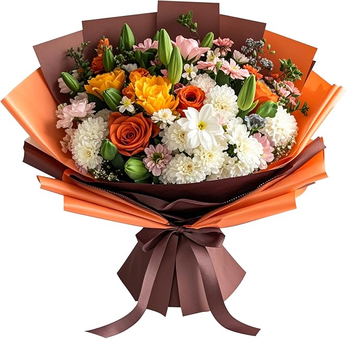 LeZakaa 20 Sheets Flower Wrapping Paper - Waterproof Reversible Floral Bouquet Paper - Orange and Brown Design for Thanksgiving, Halloween, Fall Festivals,Rustic Weddings