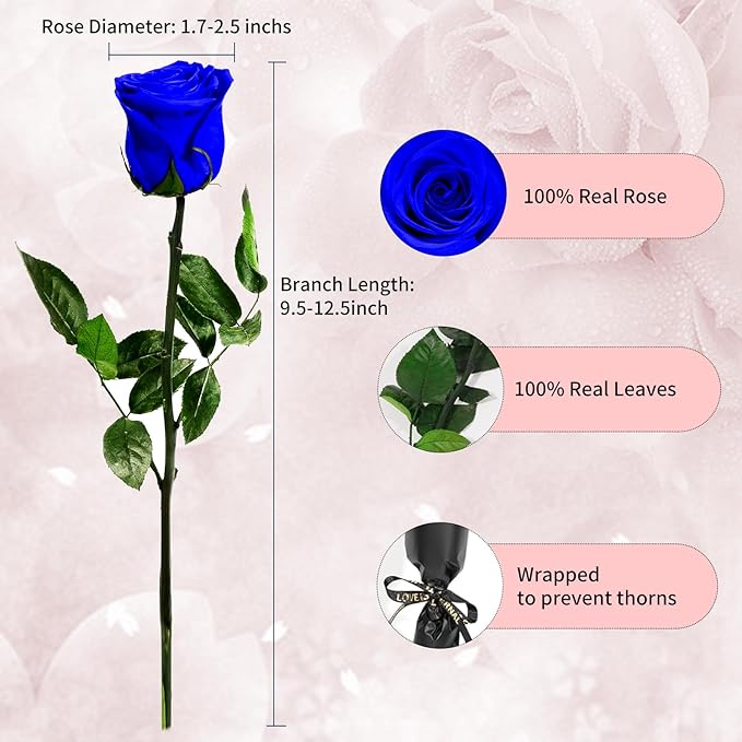 Blue Single Forever Roses in a Box,Preserved Flowers for Delivery,Preserved Rose Gifts for Women, Real Roses Gift for Her, Mom Birthday Gifts, Mothers Day Flowers,Valentines Flowers