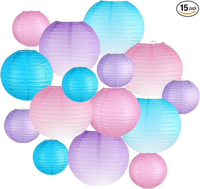 Paper Lanterns Decorative, Gradient Blue Purple Pink Round Hanging Paper Lantern Decorations for Under The Sea Theme Birthday Party, Wedding, Baby Shower, Home Decor, 15Pcs