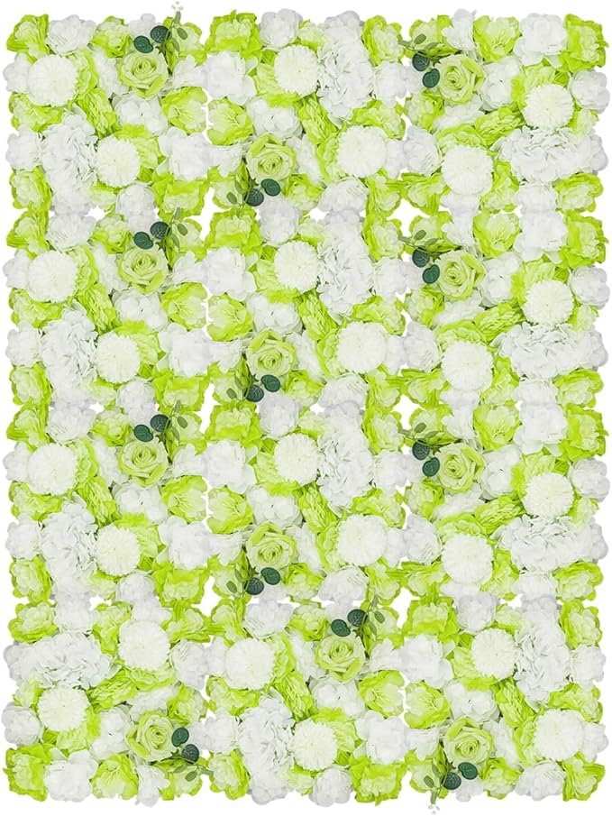 12Pcs Artificial Flower Wall Panel,3D 15" X 15" Silk Rose Mat Artificial Flower Wall,Decorative Backdrop Flower Panels Wall for Wedding Party Stage Baby Shower Decor (Green, White)