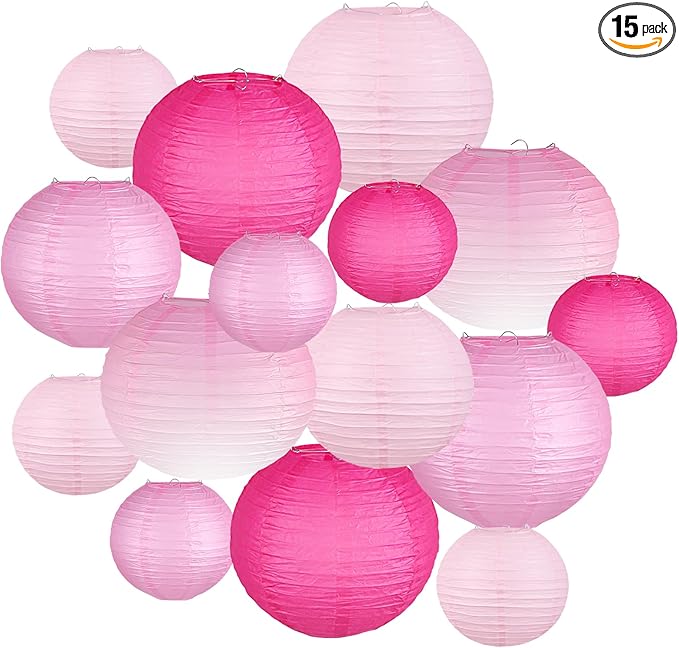Paper Lanterns Decorative, Gradient Pink Round Hanging Paper Lantern Decorations for Wedding, Valentine's Day, Anniversary, Baby Shower, Girls Birthday Party Supplies, 15Pcs